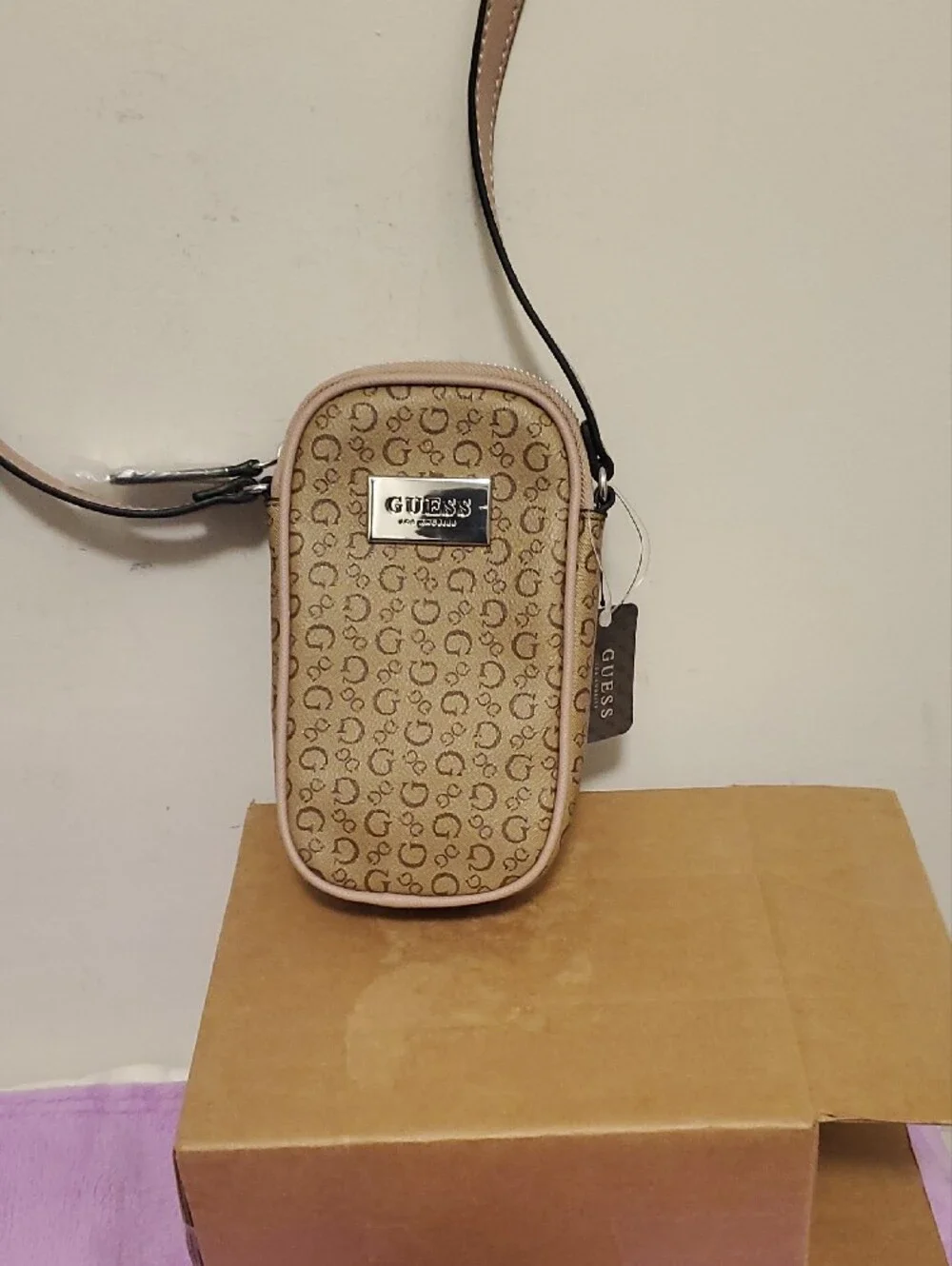 GUESS Beige Monogram Phone Crossbody with Pale Nude Trim